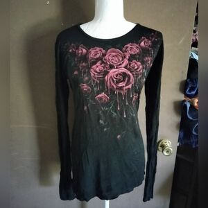 Women's Black and Red Rose Long Sleeve Top